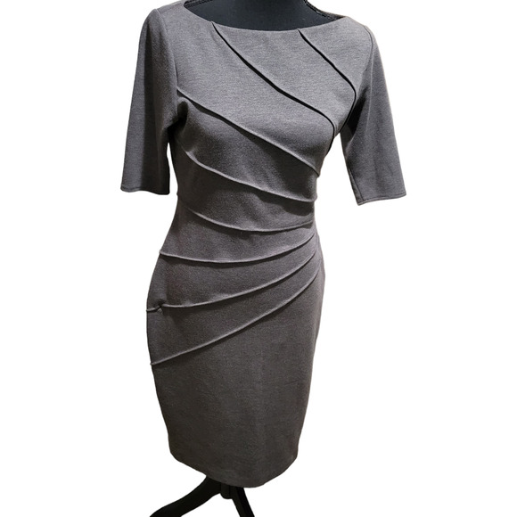 Maggy London Fitted Gray Asymmetrical Elbow Sleeve Front Seam Career Dress, Sz 6 - Picture 1 of 5